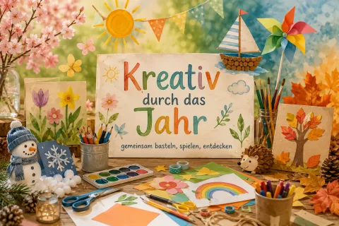 Kreativer Basteltisch mit Mal- und Bastelmaterialien sowie Motiven aus Frühling, Sommer, Herbst und Winter. Das Bild lädt Familien zum gemeinsamen kreativen Gestalten über das ganze Jahr ein.