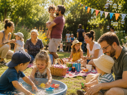 Familien mit Kindern verbringen gemeinsam einen sonnigen Sommertag im Freien. Kinder spielen mit Wasser und Seifenblasen, Erwachsene sitzen auf Picknickdecken und kommen miteinander ins Gespräch. Die Szene vermittelt Gemeinschaft, Spiel und eine entspannte Sommeratmosphäre.