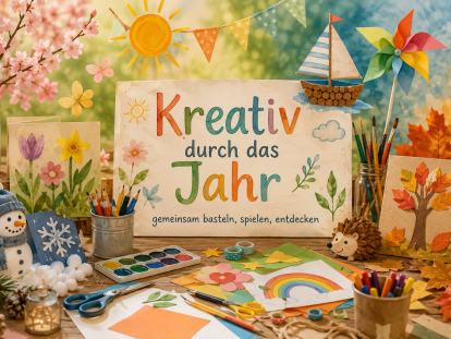 Kreativer Basteltisch mit Mal- und Bastelmaterialien sowie Motiven aus Frühling, Sommer, Herbst und Winter. Das Bild lädt Familien zum gemeinsamen kreativen Gestalten über das ganze Jahr ein.