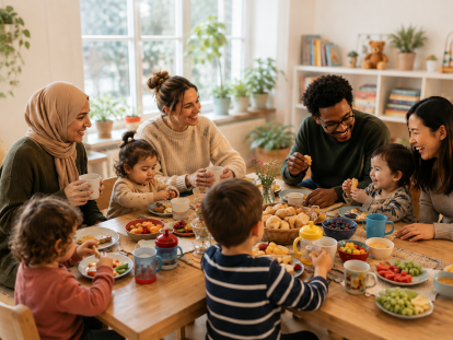 **Alternativtext:** Foto einer vielfältigen Gruppe aus Erwachsenen und kleinen Kindern, die gemeinsam an einem großen Holztisch frühstücken. Auf dem Tisch stehen verschiedene Backwaren, Obst, Aufstriche, Teller, Tassen und Kinderbecher. Die Erwachsenen unterhalten sich und unterstützen die Kinder beim Essen. Im Hintergrund sind ein heller, gemütlicher Raum mit Pflanzen, Büchern und Spielsachen zu sehen. Die Atmosphäre wirkt freundlich, entspannt und gemeinschaftlich.