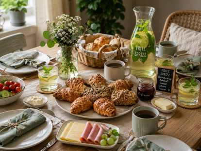 Ein gedeckter Frühstückstisch mit verschiedenen Lebensmitteln wie Brot, Brötchen, Croissants, Käse, Wurst, Obst und Aufstrichen. In der Mitte steht eine große Platte mit Gebäck. Daneben befindet sich eine Karaffe mit selbstgemachtem FRITZ SPRIZZ aus Holundersirup, Apfelsaft, Wasser, Zitrone und Melisse. Der Tisch ist einladend und gemütlich für ein gemeinsames Frühstück gedeckt.